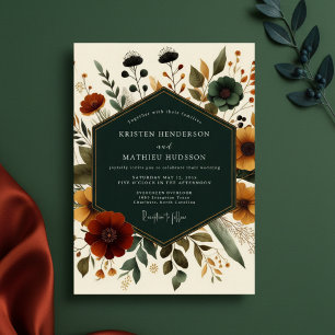 Deep Teal Autumn Floral Romance Wedding Invitation