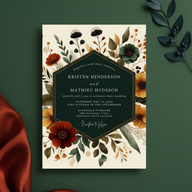 Deep Teal Autumn Floral Romance Wedding Invitation (Creator Uploaded)