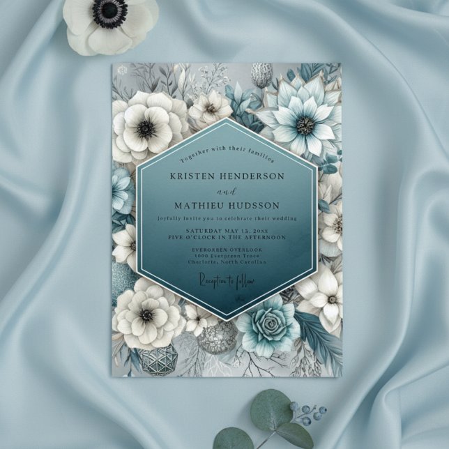 Deep Teal Bloom Romance Wedding Invitation (Creator Uploaded)