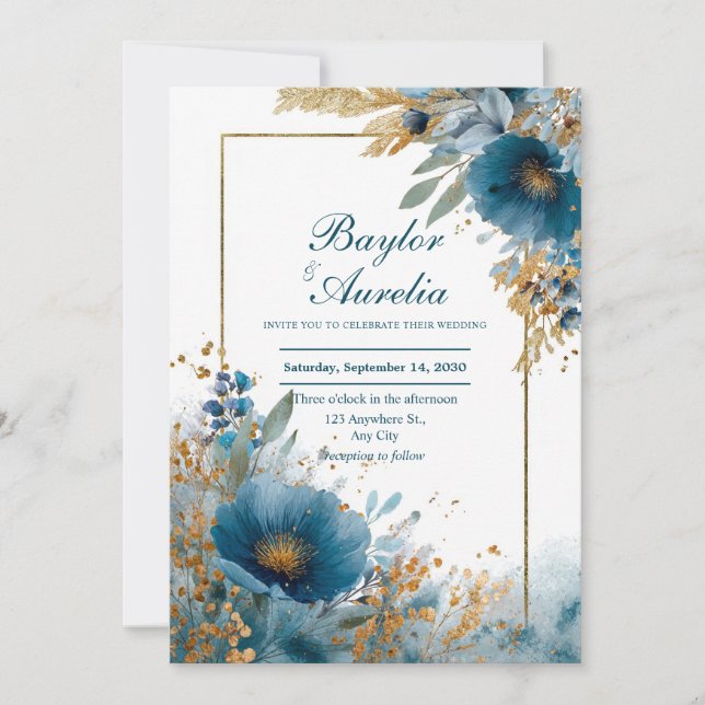 Deep Teal Blue Gold Foil Glitter Watercolor Invitation (Front)
