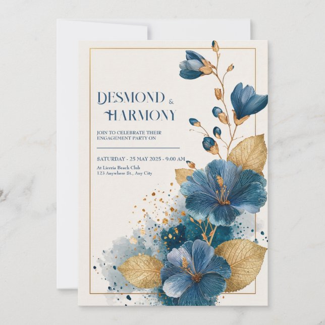 Deep Teal Blue Gold Foil Hibiscus Watercolor Invitation (Front)