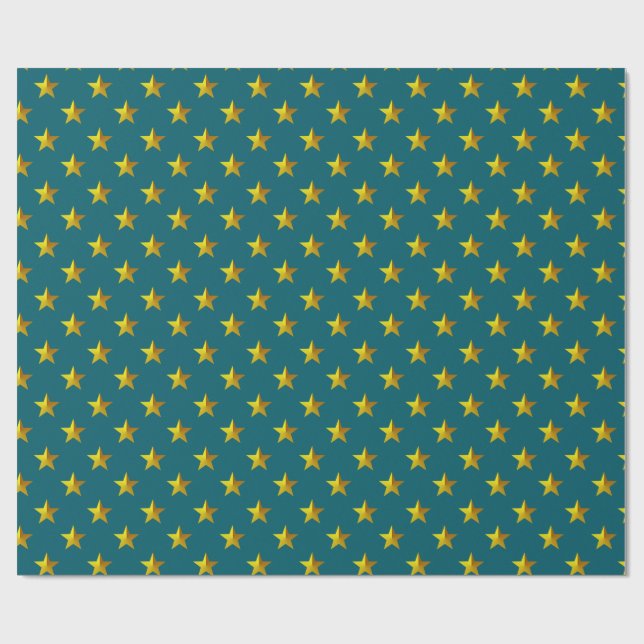Deep Teal Blue Gold Stars Wrapping Paper (Flat)