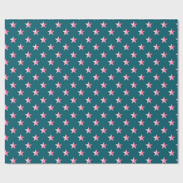 Deep Teal Blue PInk Stars Wrapping Paper (Flat)
