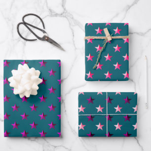 Deep Teal Blue Pink Violet Purple Stars Wrapping Paper Sheets