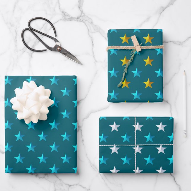 Deep Teal Blue Silver Gold Stars Wrapping Paper Sheets (Front)