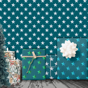 Deep Teal Blue Silver Green Turquoise Blue Stars Wrapping Paper Sheets