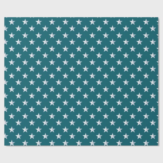 Deep Teal Blue Silver Stars Wrapping Paper (Flat)