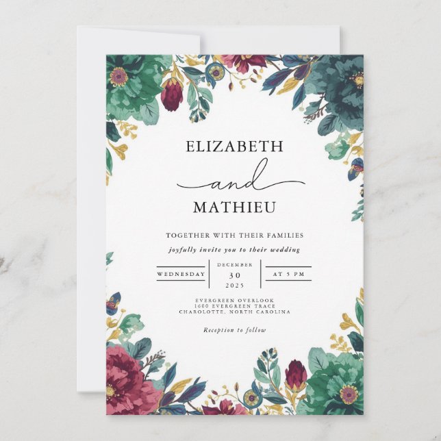 Deep Teal Botanical Arch Wedding Invitation (Front)