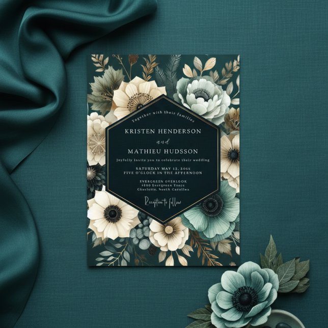 Deep Teal Botanical Romance Wedding Invitation (Creator Uploaded)