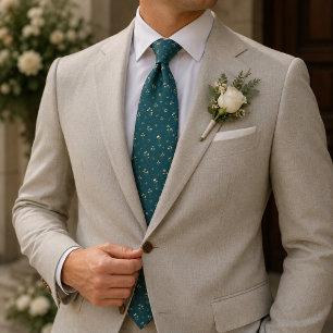 Deep Teal Champagne Botanical Foulard Pattern Neck Tie