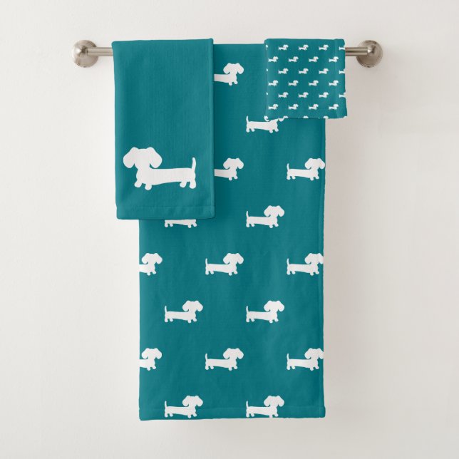 Deep Teal Dachshund 3- piece Bath Towel Set Cloth (Insitu)