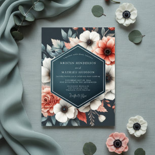 Deep Teal Floral Bloom Wedding Invitation