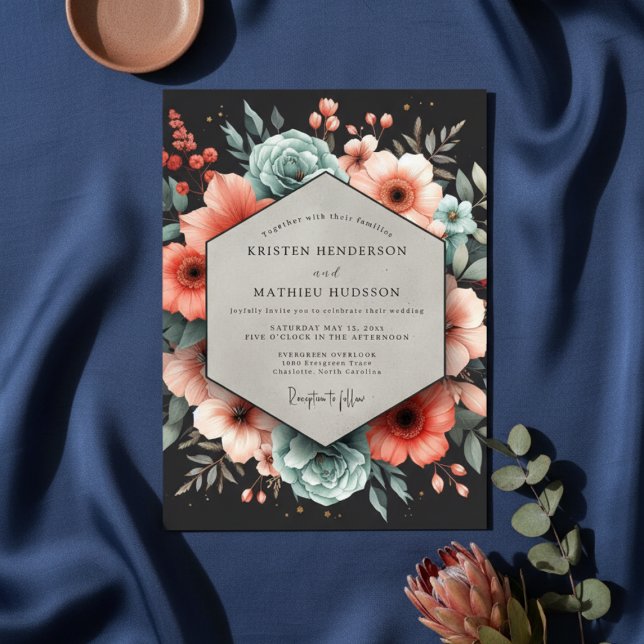 Deep Teal Floral Elegance Wedding Invitation (Creator Uploaded)