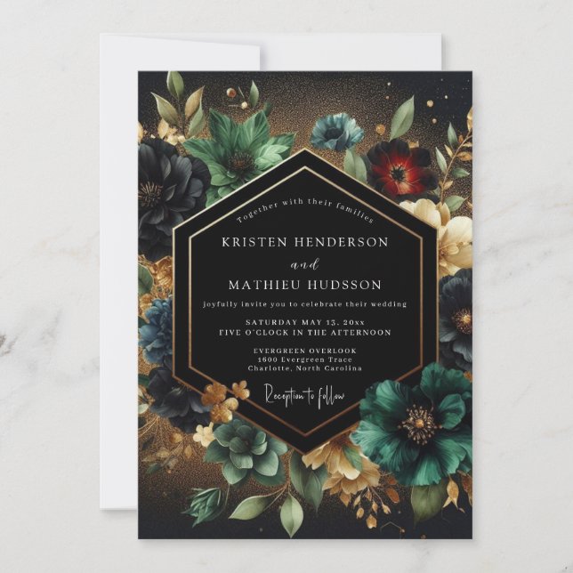 Deep Teal Floral Opulence Wedding Invitation (Front)