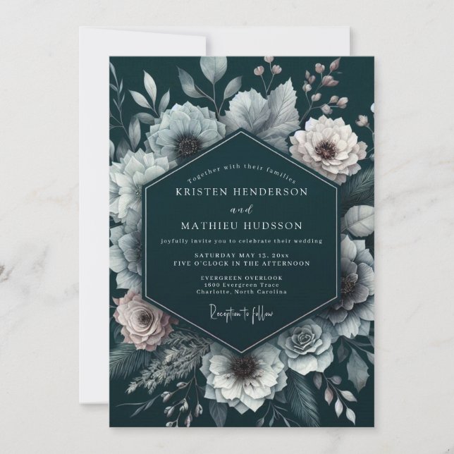 Deep Teal Floral Romance Wedding Invitation (Front)