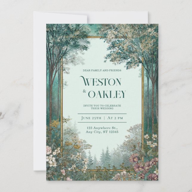 Deep Teal Forest Gold Frame Romantic Floral Invitation (Front)