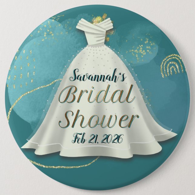 Deep Teal Gold Glitter Wedding Gown Bridal Shower Button (Front)