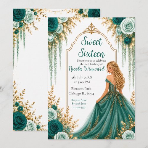 Deep Teal Green and Gold Floral Sweet Sixteen  Invitation