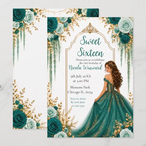 Deep Teal Green and Gold Floral Sweet Sixteen  Invitation