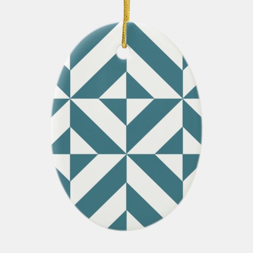 Deep Teal Green Geometric Deco Cube Pattern Ceramic Ornament