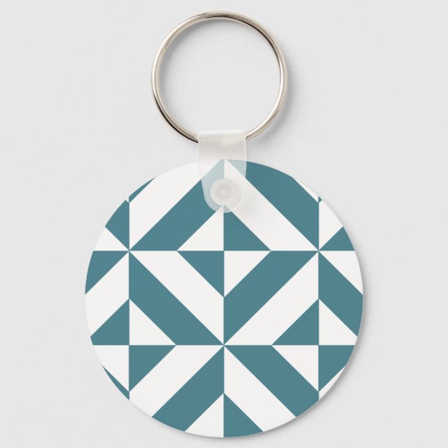 Deep Teal Green Geometric Deco Cube Pattern Keychain (Front)