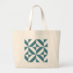 Deep Teal Green Geometric Deco Cube Pattern Large Tote Bag