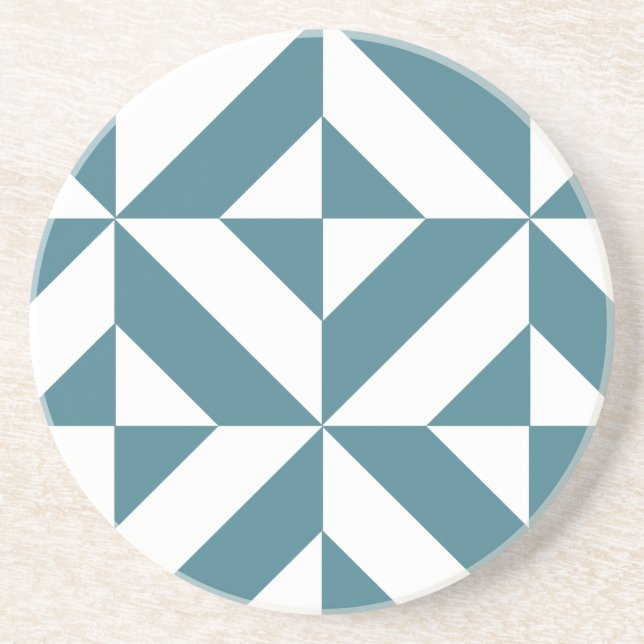 Deep Teal Green Geometric Deco Cube Pattern Sandstone Coaster (Front)