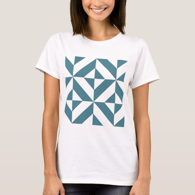 Deep Teal Green Geometric Deco Cube Pattern T-Shirt (Front)