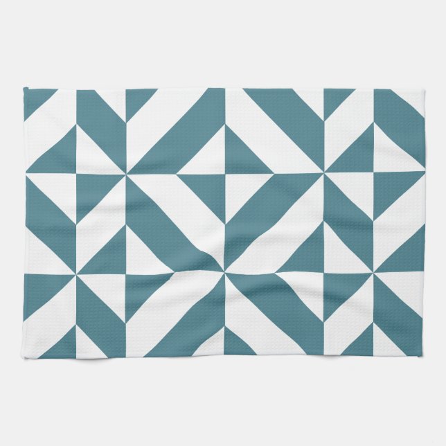 Deep Teal Green Geometric Deco Cube Pattern Towel (Horizontal)