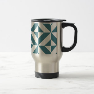 Deep Teal Green Geometric Deco Cube Pattern Travel Mug