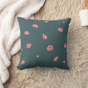 Deep Teal Japanese Winter Peony Floral Pattern Throw Pillow