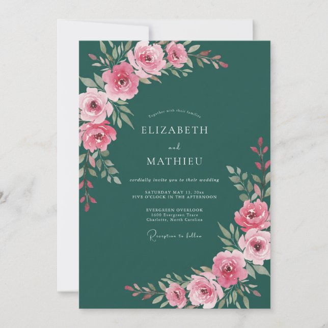 Deep Teal Lustrous Floral Wedding Invitation (Front)