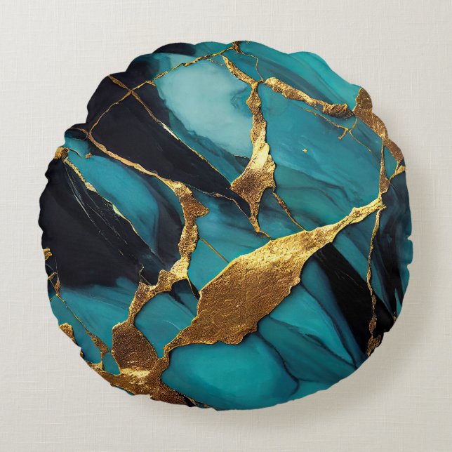 Deep Teal Marble with Bold Gold Veins Round Pillow (Front)