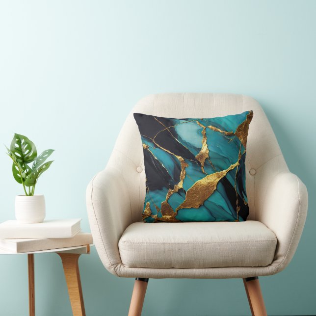 Deep Teal Marble with Bold Gold Veins Throw Pillow (Chair)