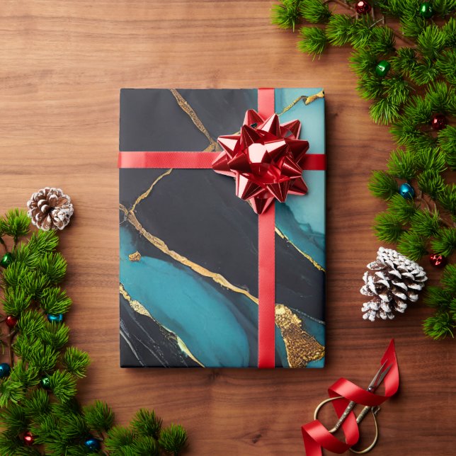 Deep Teal Marble with Bold Gold Veins Wrapping Paper (Holiday Gift)
