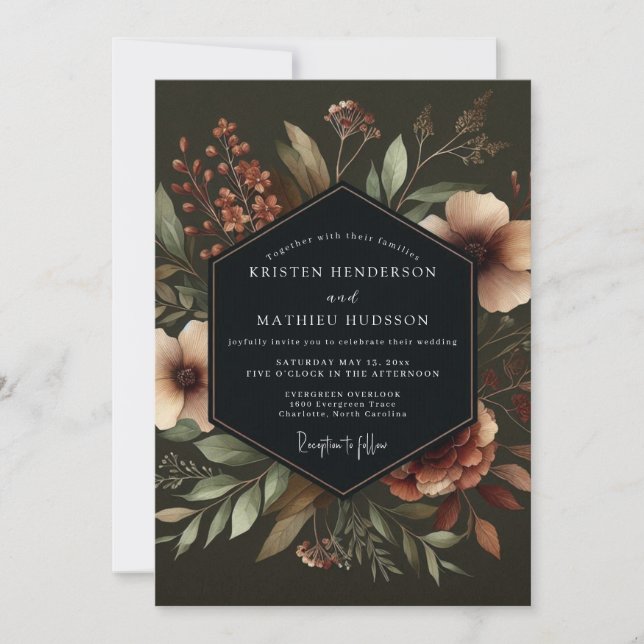 Deep Teal Moody Bloom Wedding Invitation (Front)
