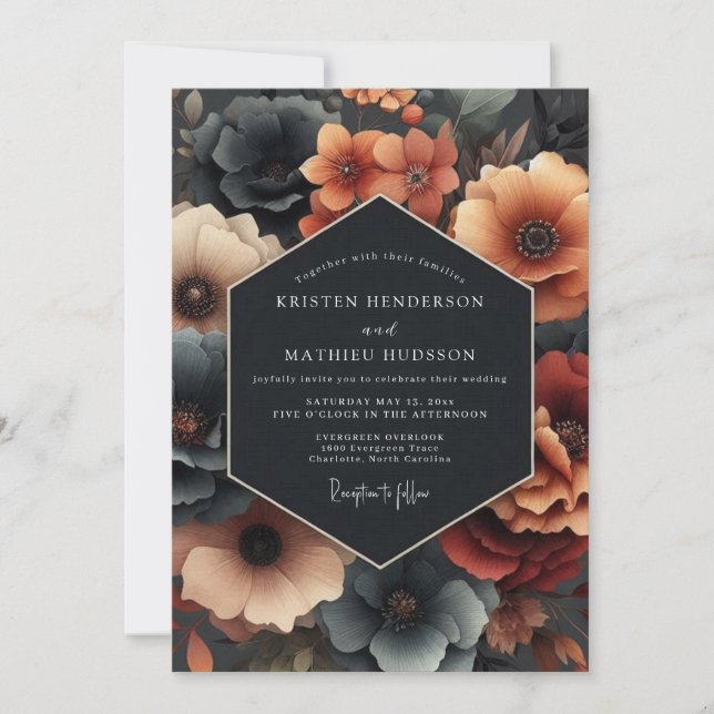 Deep Teal Moody Bloom Wedding Invitation (Front)
