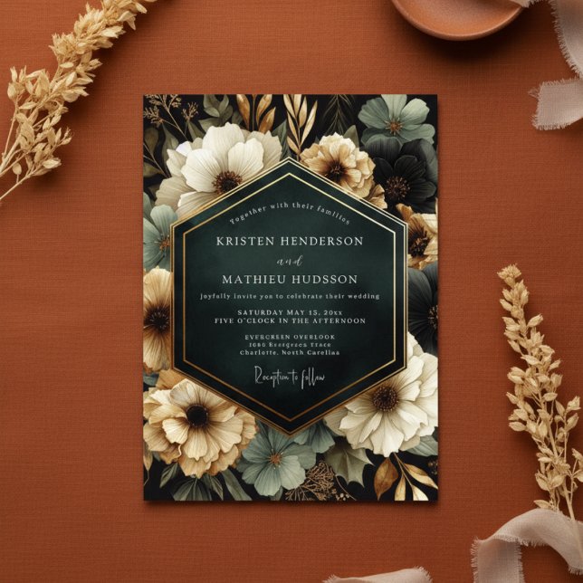 Deep Teal Opulent Bloom Wedding Invitation (Creator Uploaded)