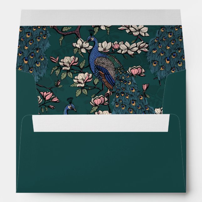 Deep Teal Peacock Chinoiserie Wedding Envelope (Back (Bottom))
