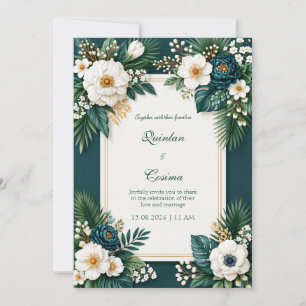 Deep Teal Peony Emerald Tropical Border Wedding Invitation