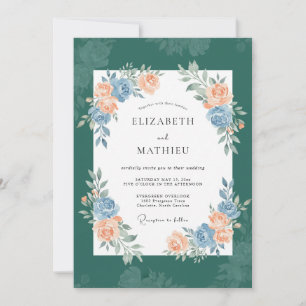 Deep Teal Romantic Botanical Wedding Invitation