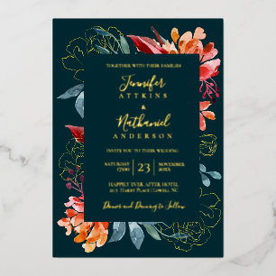 Deep Teal Rust Orange Fall Wedding  Foil Invitation