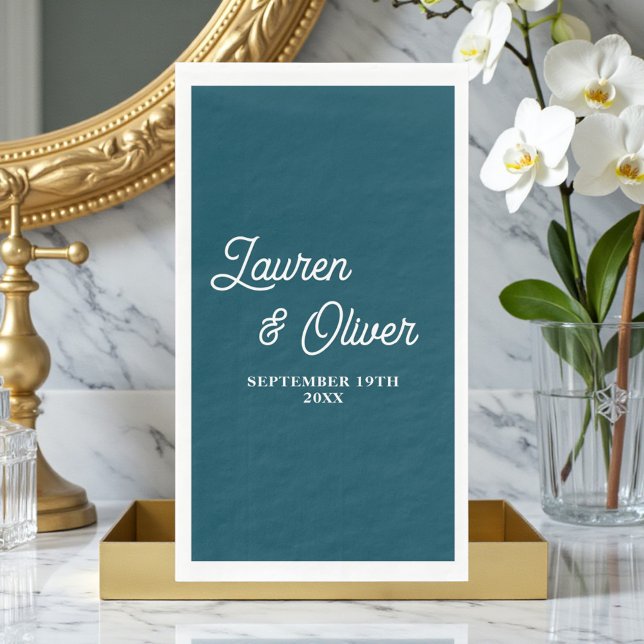 Deep Teal Script Minimalist Wedding Paper Guest Towels (Creator Uploaded)