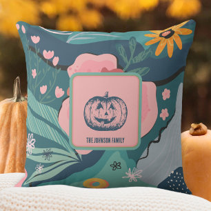 Deep Teal Soft Pink Fall Floral Pumpkin Throw Pillow