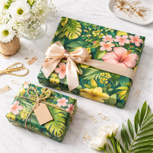 Deep Teal Tropical Hibiscus Floral  Wrapping Paper