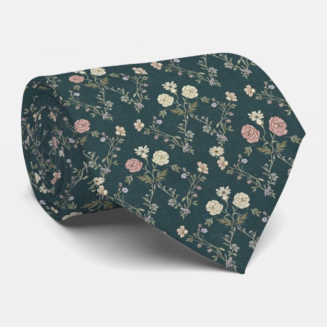 Deep Teal Vintage Floral Neck Tie (Rolled)