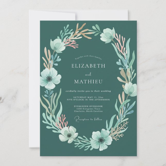 Deep Teal Watercolor Floral Wedding Invitation (Front)