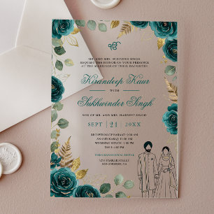 Deep Teal Watercolor Roses Floral Sikh Wedding Acrylic Invitations