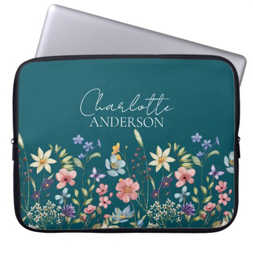 Deep Teal Watercolor Wildflower Name Monogram  Laptop Sleeve