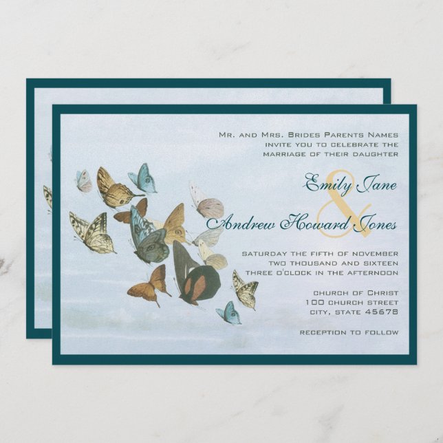 Deep Teal Whimsical Butterfly Wedding Invitation (Front/Back)